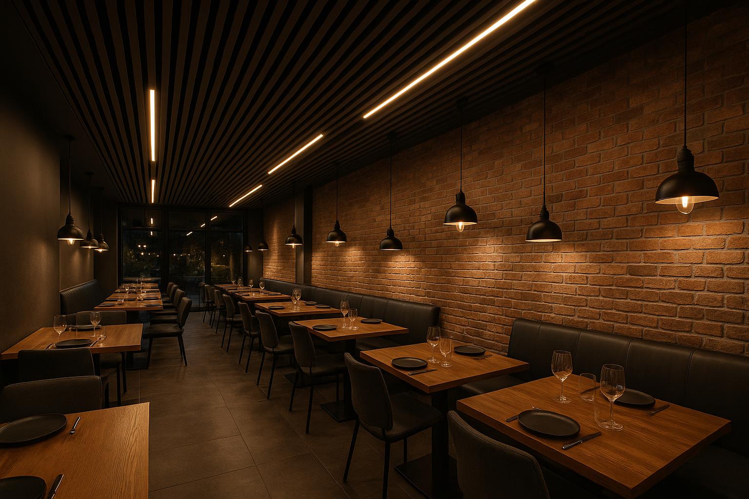 Restaurante con techo de lamas PVC gris oscuro y tiras LED