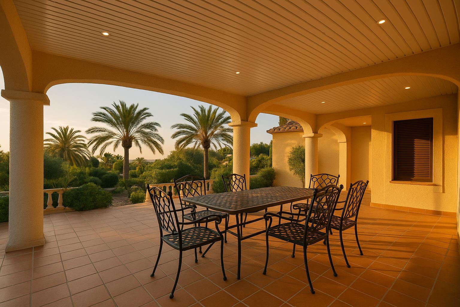 Terraza mediterránea con techo de lamas PVC blancas y focos LED